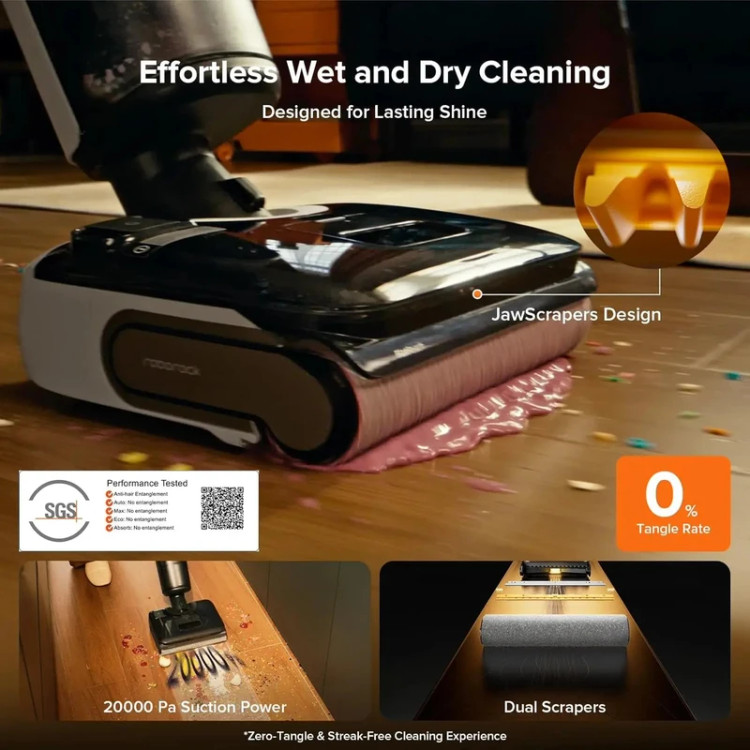 جارو شارژی عصایی روبوراک مدل A30 PRO STEAM COMBO با قدرت مکش 20000 پاسکال، قابلیت جارو دستی و تیکشی مرطوب همزمان، باتری لیتیومی 4000 میلیآمپر ساعت، سیستم فیلتراسیون چندمرحلهای و خشککن خودکار غلتکها