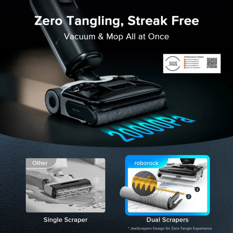 جارو شارژی عصایی روبوراک مدل A30 PRO STEAM COMBO با قدرت مکش 20000 پاسکال، قابلیت جارو دستی و تیکشی مرطوب همزمان، باتری لیتیومی 4000 میلیآمپر ساعت، سیستم فیلتراسیون چندمرحلهای و خشککن خودکار غلتکها