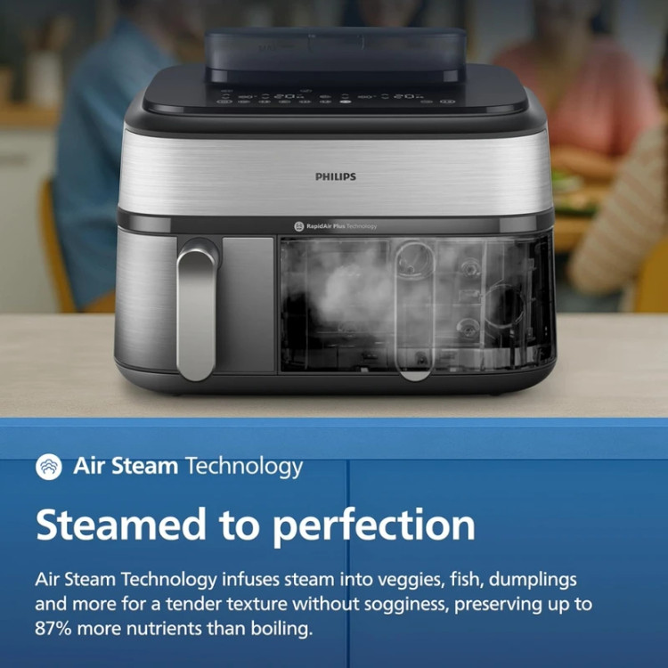 هواپز چندکاره 9 لیتری فیلیپس مدل NA555/09 با فناوری RapidAir Plus و Air Steam، دو سبد مجزا با تنظیم دما و زمان مستقل، 12 برنامه پخت، توان 2750 وات و قابلیت Auto Steam Clean