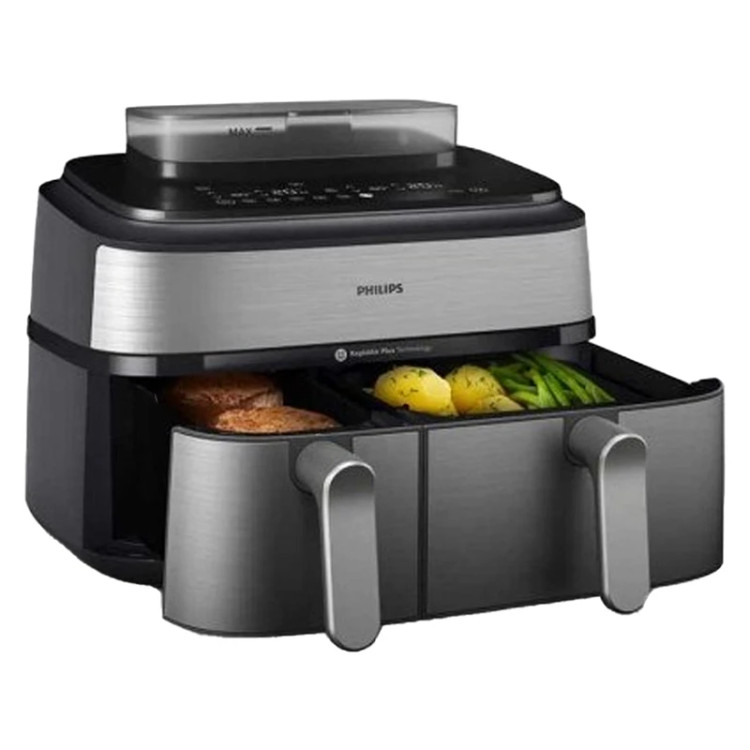 هواپز چندکاره 9 لیتری فیلیپس مدل NA555/09 با فناوری RapidAir Plus و Air Steam، دو سبد مجزا با تنظیم دما و زمان مستقل، 12 برنامه پخت، توان 2750 وات و قابلیت Auto Steam Clean