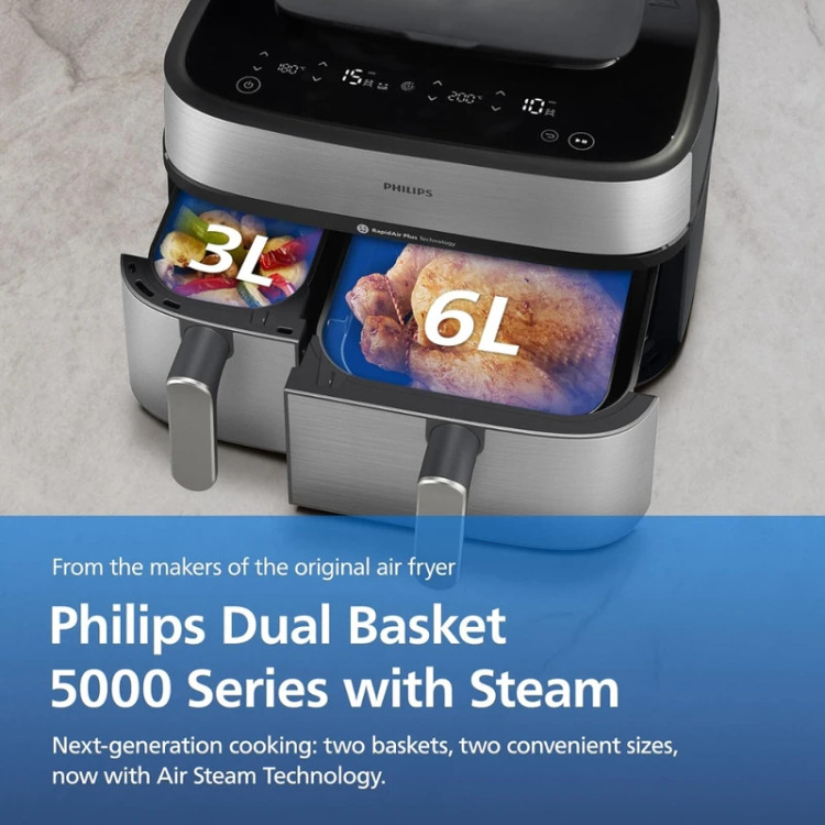هواپز چندکاره 9 لیتری فیلیپس مدل NA555/09 با فناوری RapidAir Plus و Air Steam، دو سبد مجزا با تنظیم دما و زمان مستقل، 12 برنامه پخت، توان 2750 وات و قابلیت Auto Steam Clean