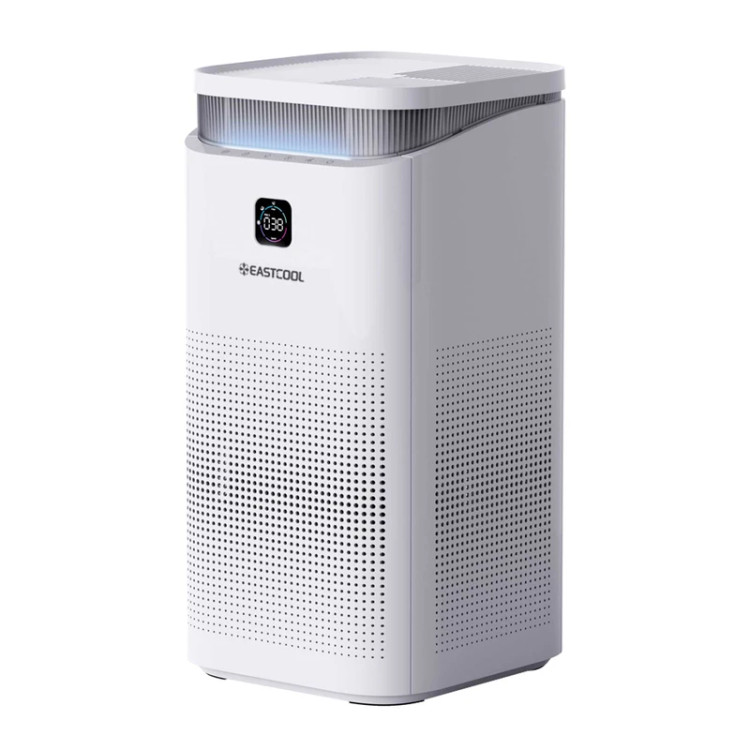 تصفیه کننده هوا یک مرحلهای ایستکول مدل TM-TW500UV، دارای فیلتر HEPA، کربن فعال و فیلتر اولیه، مناسب فضاهای داخلی و بیش از 64 مترمربع، مجهز به یونساز و استریلیزاسیون UV، با نمایشگر وضعیت لمسی، نشانگر کیفیت هوا و تنظیم 5 سرعت فن