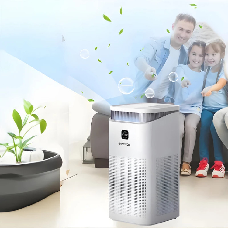 تصفیه کننده هوا یک مرحلهای ایستکول مدل TM-TW500UV، دارای فیلتر HEPA، کربن فعال و فیلتر اولیه، مناسب فضاهای داخلی و بیش از 64 مترمربع، مجهز به یونساز و استریلیزاسیون UV، با نمایشگر وضعیت لمسی، نشانگر کیفیت هوا و تنظیم 5 سرعت فن