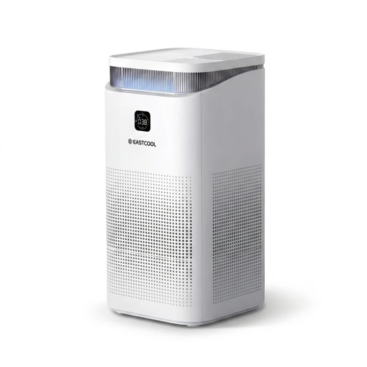 تصفیه کننده هوا یک مرحلهای ایستکول مدل TM-TW500UV، دارای فیلتر HEPA، کربن فعال و فیلتر اولیه، مناسب فضاهای داخلی و بیش از 64 مترمربع، مجهز به یونساز و استریلیزاسیون UV، با نمایشگر وضعیت لمسی، نشانگر کیفیت هوا و تنظیم 5 سرعت فن