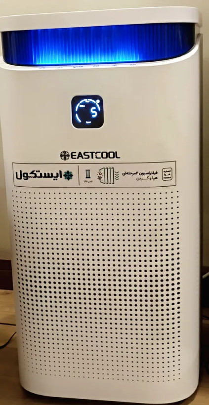 تصفیه کننده هوا یک مرحلهای ایستکول مدل TM-TW500UV، دارای فیلتر HEPA، کربن فعال و فیلتر اولیه، مناسب فضاهای داخلی و بیش از 64 مترمربع، مجهز به یونساز و استریلیزاسیون UV، با نمایشگر وضعیت لمسی، نشانگر کیفیت هوا و تنظیم 5 سرعت فن